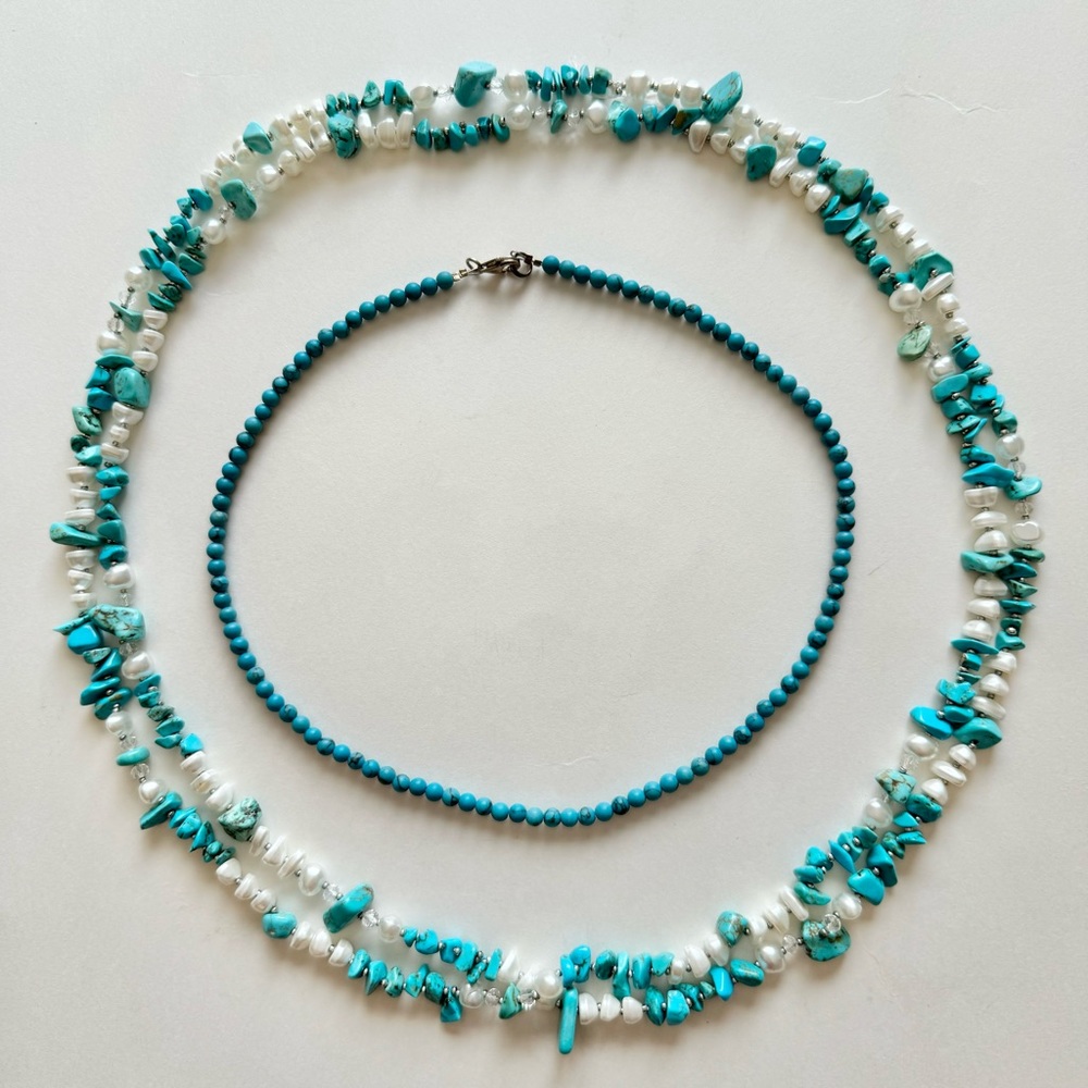 Two Pieces of Custom Jewelry Necklaces Turquoise Like Stones and Beads